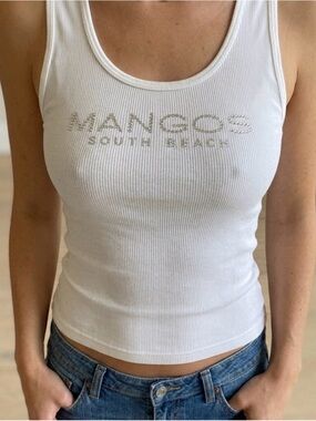 Vtg American Apparel Classic Girl Ribbed Tank Top XL White Rhinestone McBling
